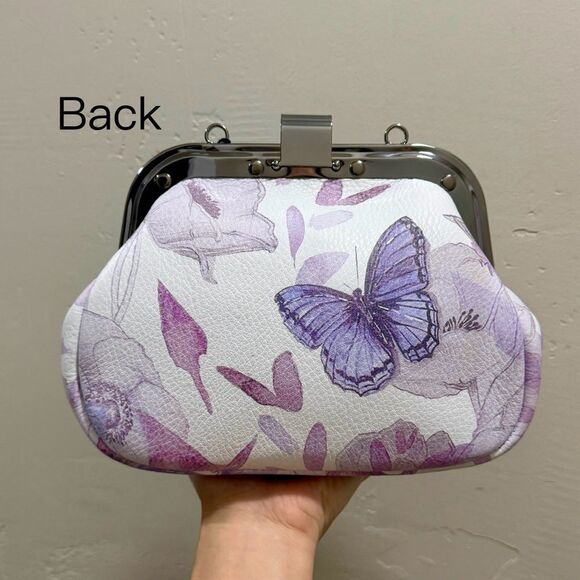 Butterfly Print Cowhide Leather Handmade Rivet Frame Push Lock Multi Use Handbag - Picture 9 of 16